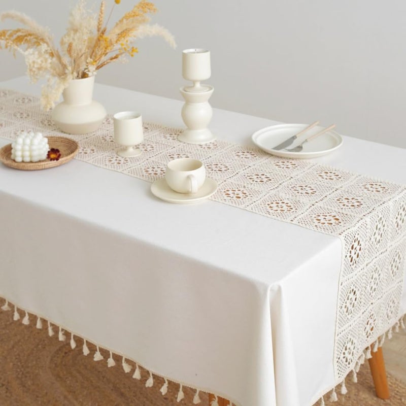 AMZALI Cotton Linen Farmhouse Table Cloth Kitchen Dinning Tabletop Decoration Textured Crochet Table Cover for Outdoor and Indoor Use 5555 Beige