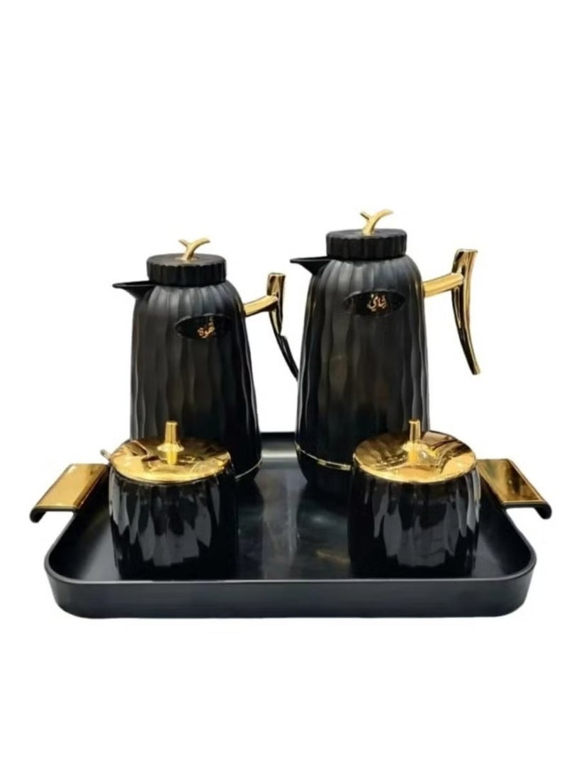 BASURRAH - 5-piece set of tea and coffee thermoses with a serving tray, sugar bowl and date box, Al-Ostora - Image 1