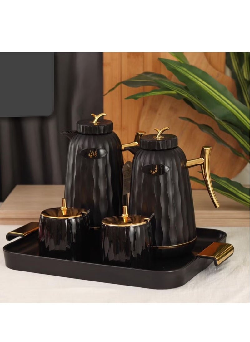 BASURRAH - 5-piece set of tea and coffee thermoses with a serving tray, sugar bowl and date box, Al-Ostora - Image 1