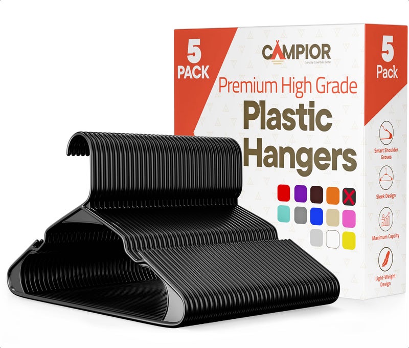 Campior Black Plastic Hangers 5 Packâ€“ Heavy-Duty Plastic Hangers Slim and Space-Saving, Durable and Lightweight PP with Non-Slip Shoulder Notches for Slip Dresses, Suits, Jackets & Camisoles - Image 1