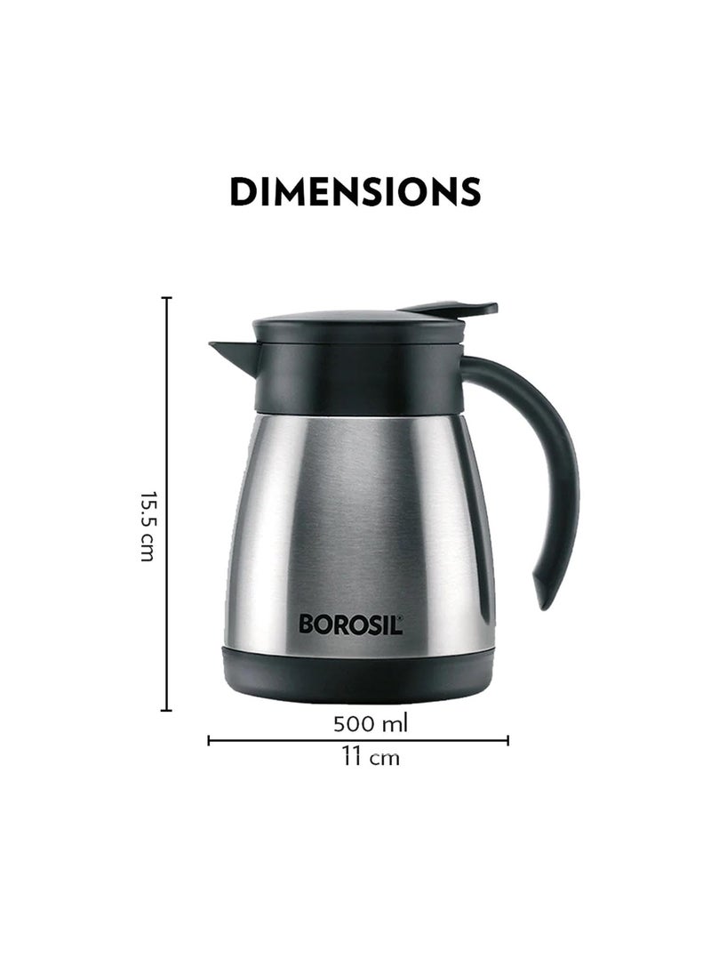 BOROSIL Borosil Stainless Steel 500ml Teapot with Handle | Double Wall Vacuum Insulated Thermosteel Carafe | BPA Free Jug for Tea/Coffee & Juice | 12 Hours Hot & 14 Hours Cold | 1 Year Warranty, Silver  - Image 2