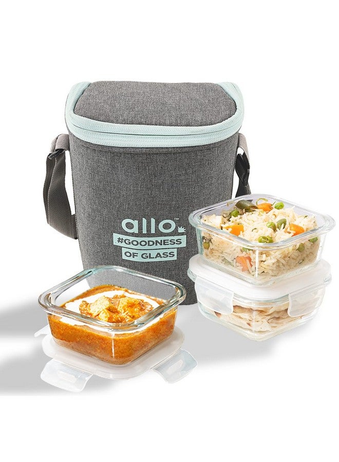 Allo Food Safe Borosilicate Glass Lunch Box, 450C Microwave Safe Lunch Box, Borosilicate Borosilicate Glass Tiffin for Office with Denim Grey Tiffin Bag, Set of 3, 320ml x 3, Square - Image 1