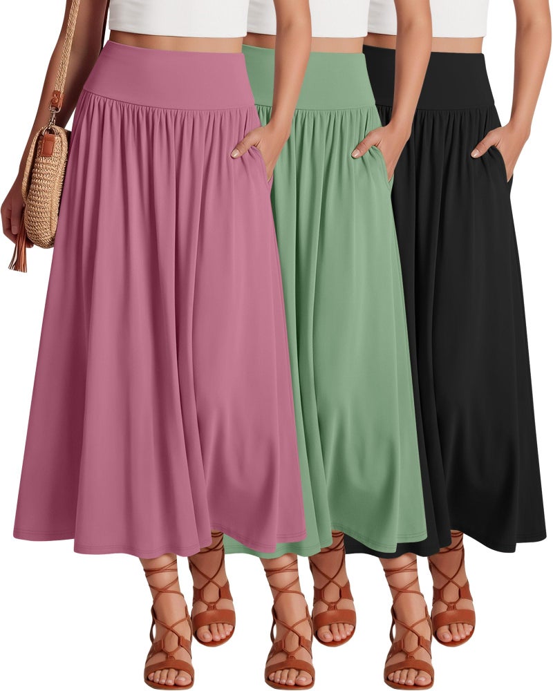 Ficerd 3 Pack Maxi Long Skirts for Women, Ankle Length High Waisted Pleated Flowy a Line Summer Casual Skirts with Pockets(Purple Pink, Mint Green, Black,Large) - Image 1