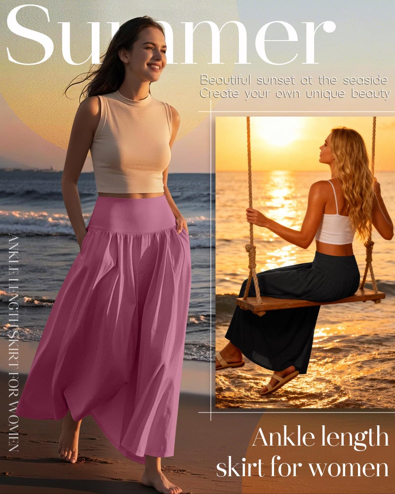 Ficerd 3 Pack Maxi Long Skirts for Women, Ankle Length High Waisted Pleated Flowy a Line Summer Casual Skirts with Pockets(Purple Pink, Mint Green, Black,Large) - Image 4