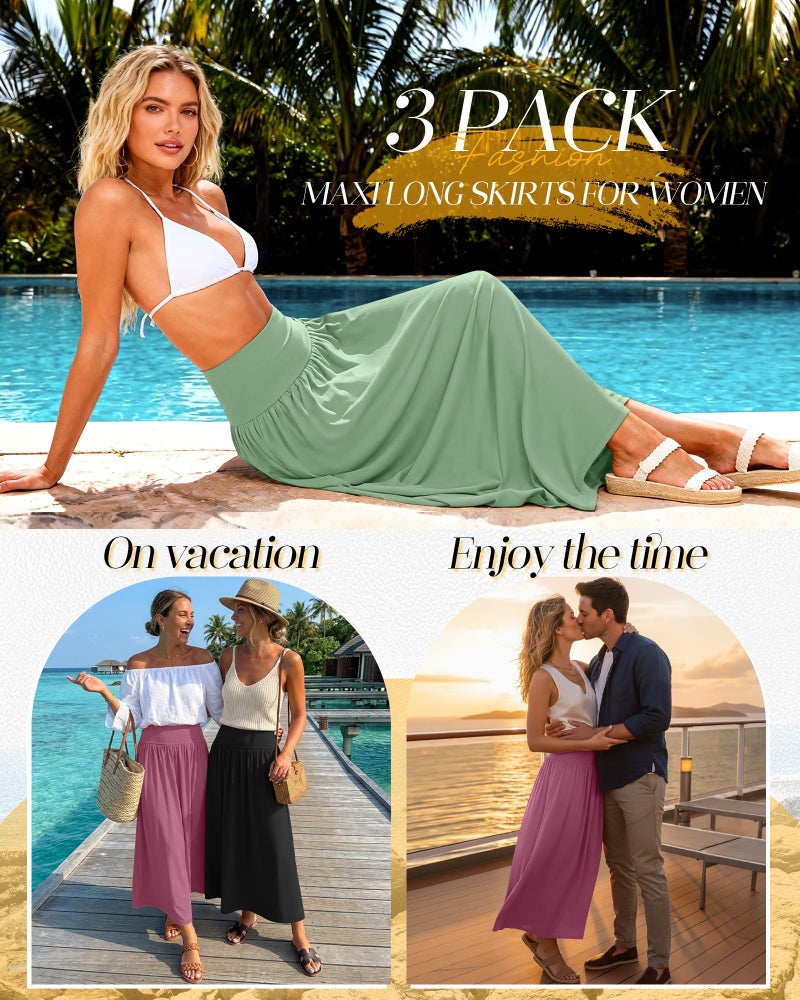 Ficerd 3 Pack Maxi Long Skirts for Women, Ankle Length High Waisted Pleated Flowy a Line Summer Casual Skirts with Pockets(Purple Pink, Mint Green, Black,Large) - Image 3