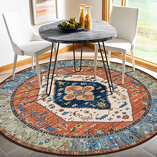La Home Lahome Boho Washable 4Ft Round Area Rug, Non-Slip Throw Untra-Thin Small Round Carpet, Oriental Vintage Distressed Circle Rug for Bedroom Kitchen Dining Living Room Office, 4x4/Rust - Image 3