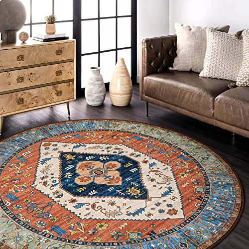 La Home Lahome Boho Washable 4Ft Round Area Rug, Non-Slip Throw Untra-Thin Small Round Carpet, Oriental Vintage Distressed Circle Rug for Bedroom Kitchen Dining Living Room Office, 4x4/Rust - Image 2