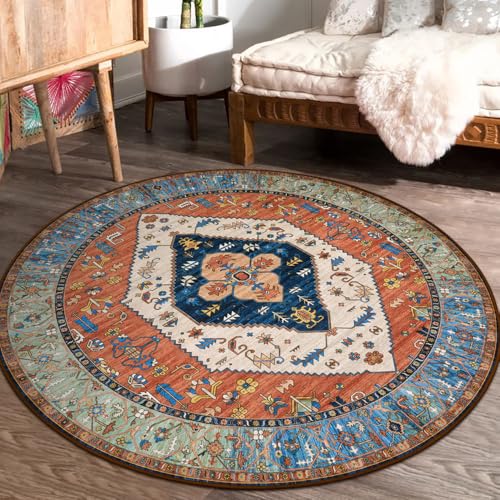 La Home Lahome Boho Washable 4Ft Round Area Rug, Non-Slip Throw Untra-Thin Small Round Carpet, Oriental Vintage Distressed Circle Rug for Bedroom Kitchen Dining Living Room Office, 4x4/Rust - Image 4