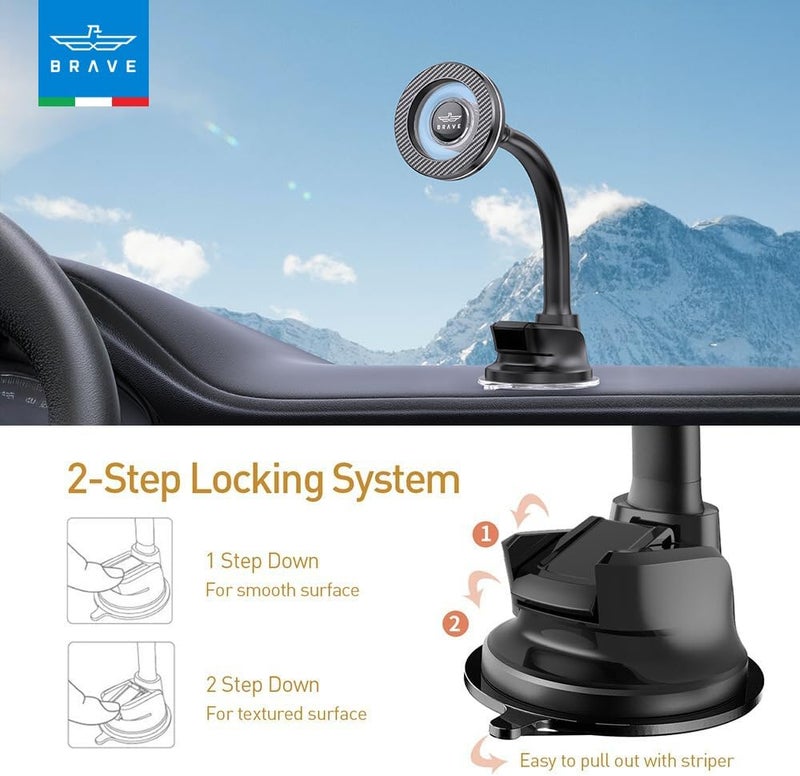 Brave Magnetic Car Phone Holder Dashboard & Windshield Mount | Super Strong N54H Magnets & Flexible Gooseneck Long Arm Magsafe Car Mount | 360° Rotation Suction Cup Phone Stand - Black (BHL-57) - Image 5