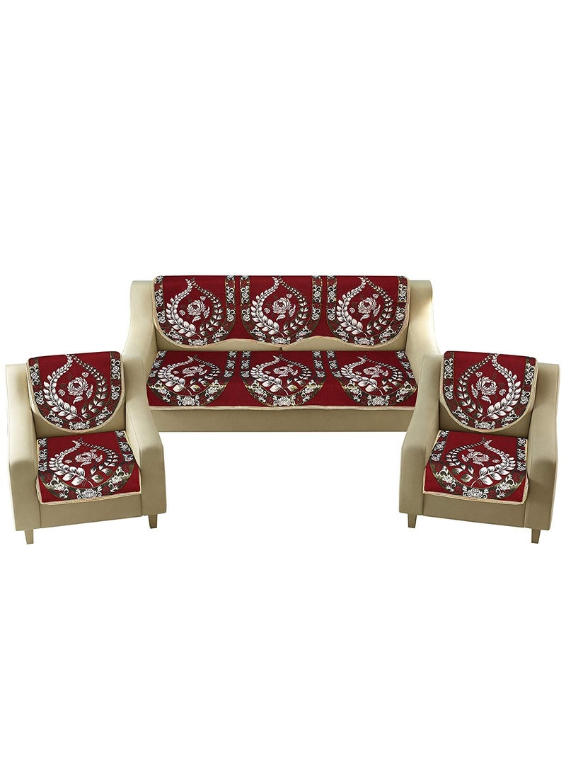LINEN BASICS Linen Basics Exclusive Velvet Heavy Fabric 500 TC Floral Design 5 Seater Sofa Cover with 6 Arm Set Use Both Side 16 Pieces Maroon 5 Seater  - Image 1
