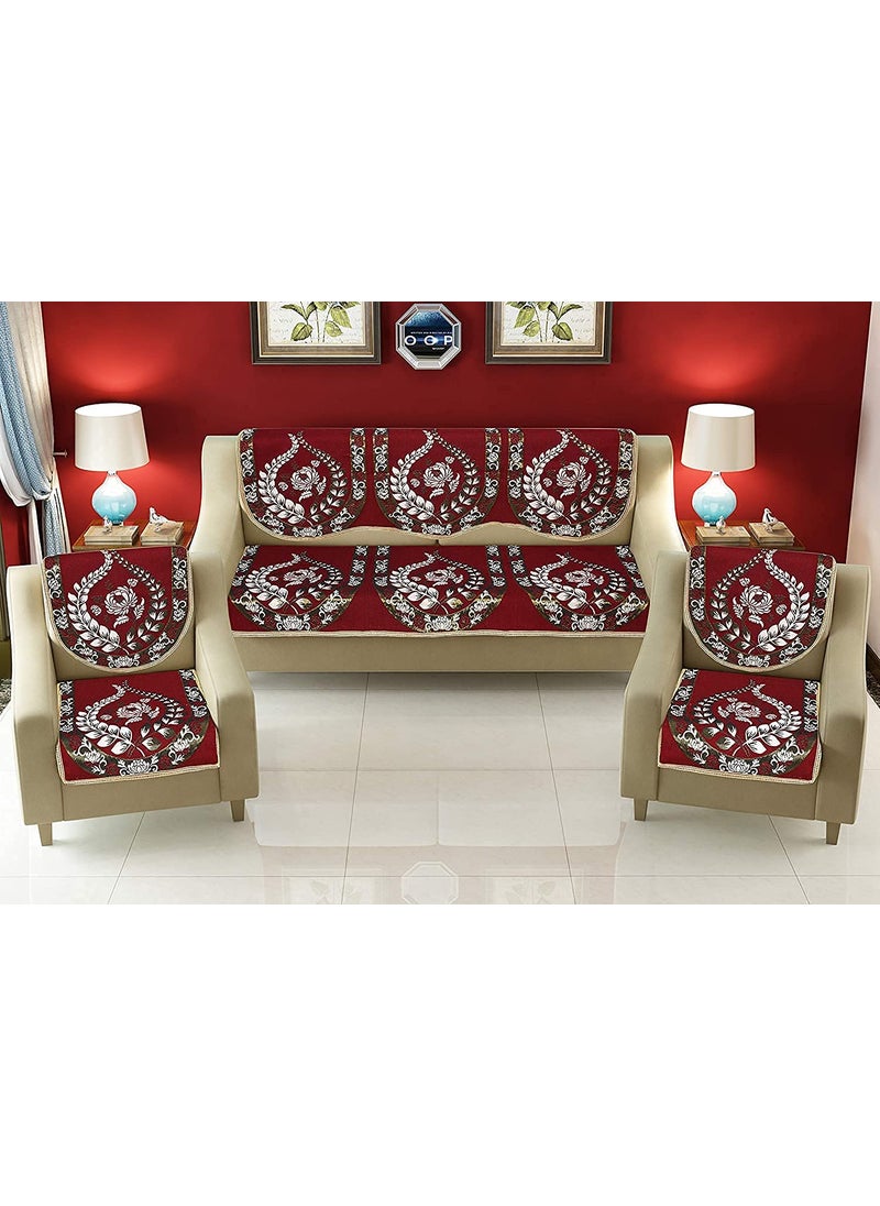LINEN BASICS Linen Basics Exclusive Velvet Heavy Fabric 500 TC Floral Design 5 Seater Sofa Cover with 6 Arm Set Use Both Side 16 Pieces Maroon 5 Seater  - Image 2