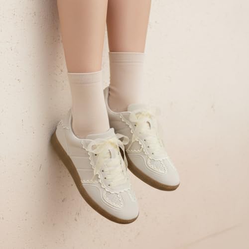 CUSHIONAIRE Belinda Women’s Lace Detail Casual Sneakers – Elegant Ribbon Lace-Up Summer Shoes for Women with Memory Foam, IVORY 8.5 - Image 4