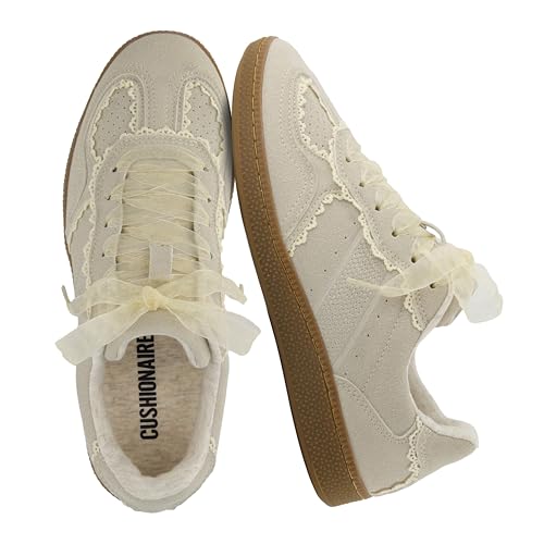 CUSHIONAIRE Belinda Women’s Lace Detail Casual Sneakers – Elegant Ribbon Lace-Up Summer Shoes for Women with Memory Foam, IVORY 8.5 - Image 1