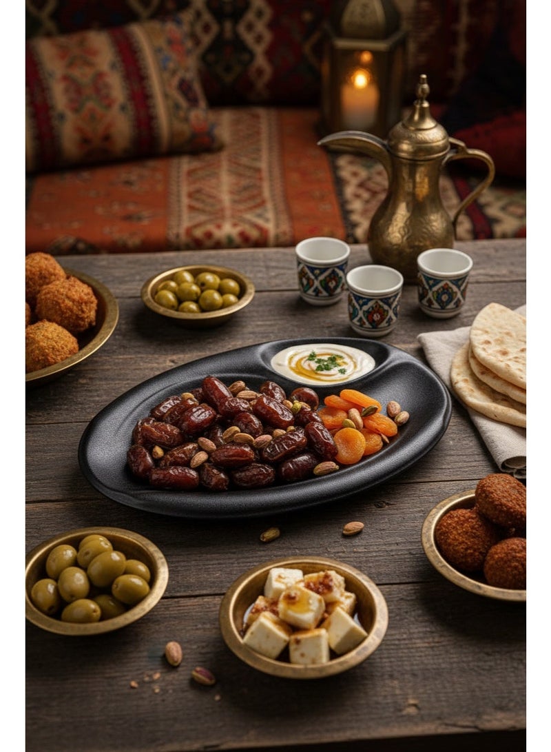 AKDC 30cm  Ceramic Oval Serving Plate with Sauce Bowl - Black Matte - Image 2