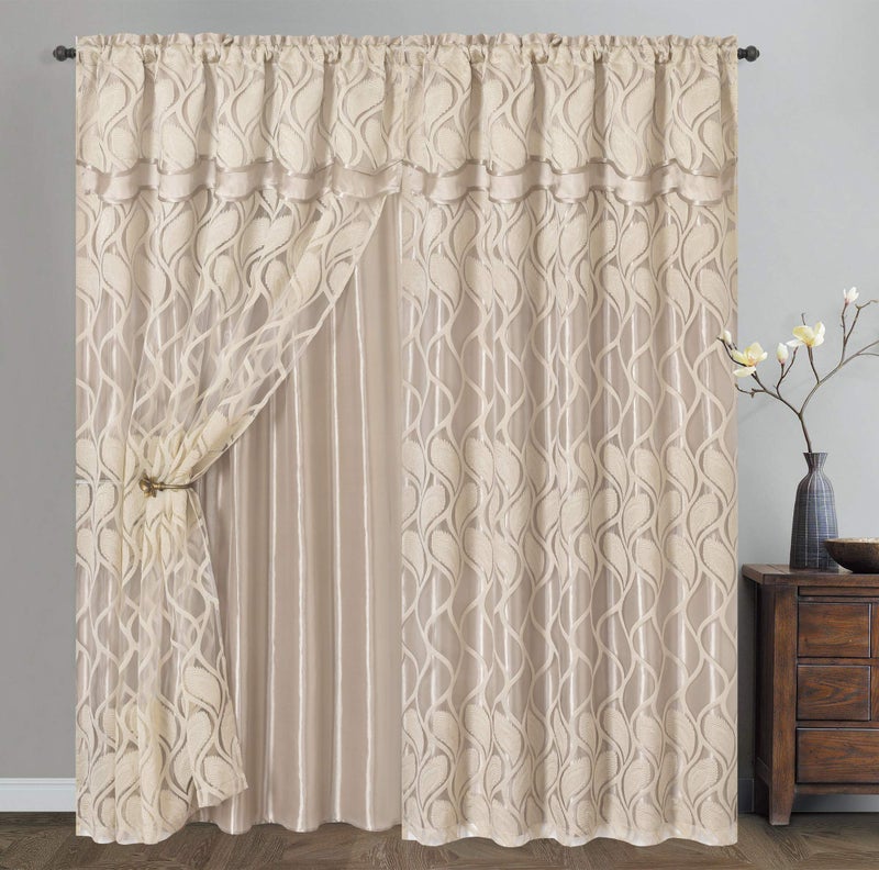 GOHD Golden Ocean Home Decor GOHD Light Grace Clipped Voile Voile Jacquard Window Curtain Panel Drape with Attached Double Valance and Taffeta Backing 2pcs Set Each pc 54 inches Wide x 84 inches Drop  Valance Sand