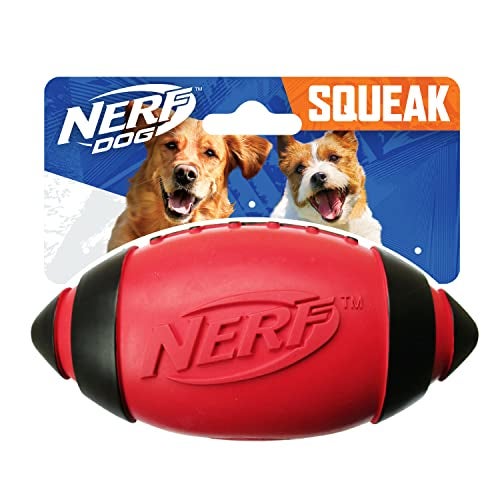 Nerf Dog Rubber Football Dog Toy with Interactive Squeaker Lightweight Durable and Water Resistant 7 Inch Diameter for MediumLarge Breeds Single Unit Red - Image 1