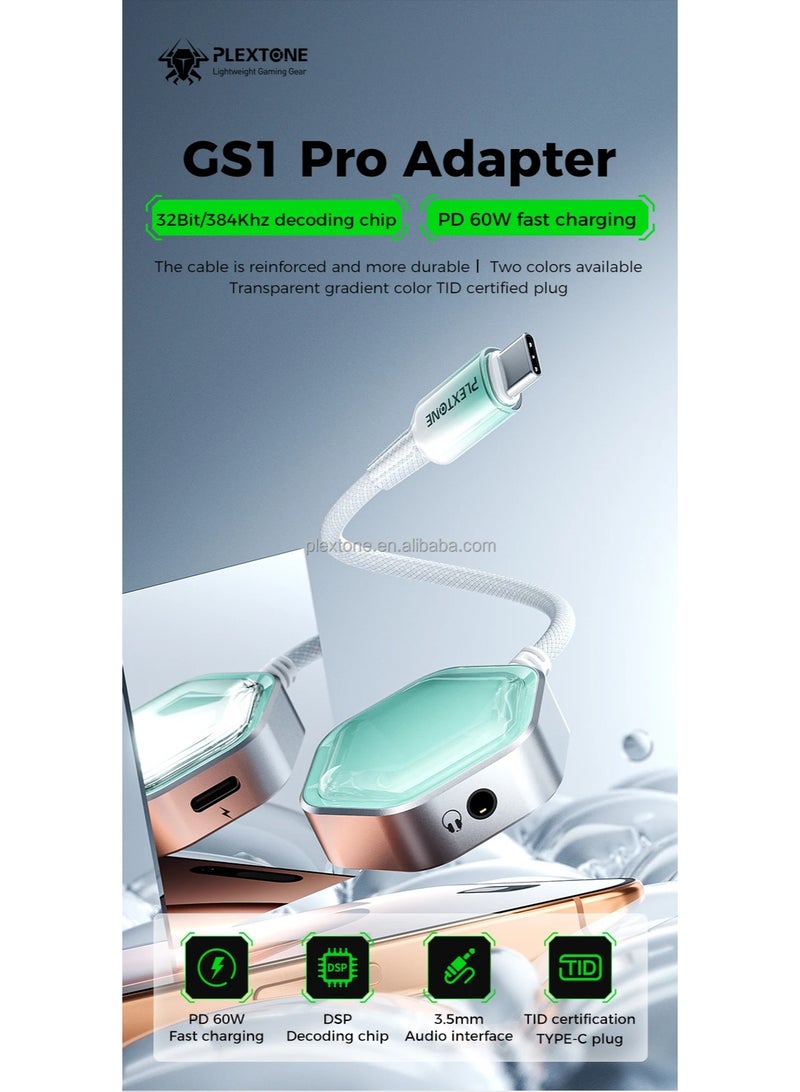 Plextone GS1 Pro 2-in-1 Type-C Adapter with 3.5mm Audio Jack for 32Bit/384KHz Hi-Res Audio, 60W PD Fast Charging Port, and Card Slot, Stylish Transparent Hexagon Design with Light Blue Gradient Color Cover - Image 5