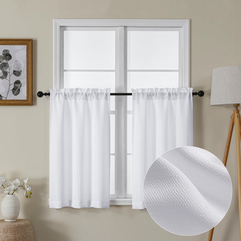 Lecloud Bessie White Kitchen Curtains 36 Inch Length 2 Panels Set, Faux Linen Textured Tier Curtains Short, Light-filtering Small Cafe Curtain Window Treatments for Basement Bathroom, Each 30 W x 36 L - Image 1