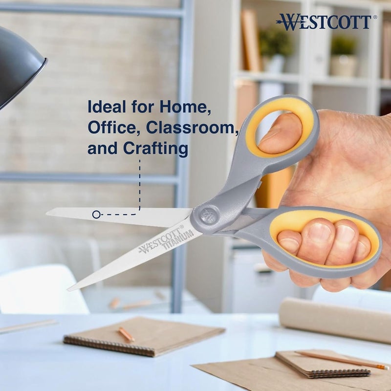 Westcott مقص تيتانيوم مقاس 8 بوصات، مقبض ناعم، مقص ثقيل مستقيم، رمادي/أصفر، عبوة 4 قطع - Image 4