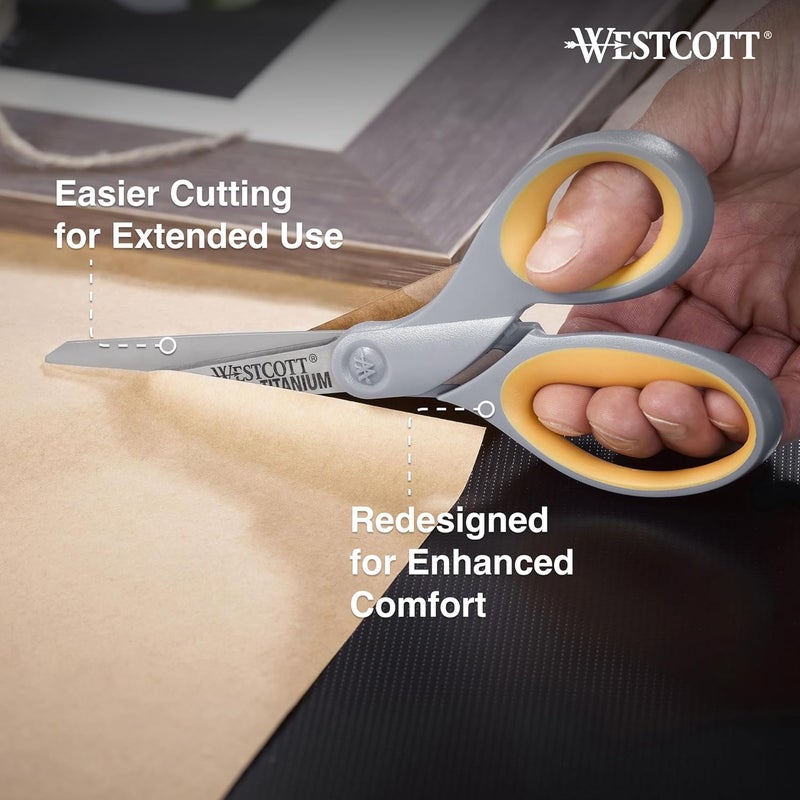 Westcott مقص تيتانيوم مقاس 8 بوصات، مقبض ناعم، مقص ثقيل مستقيم، رمادي/أصفر، عبوة 4 قطع - Image 3