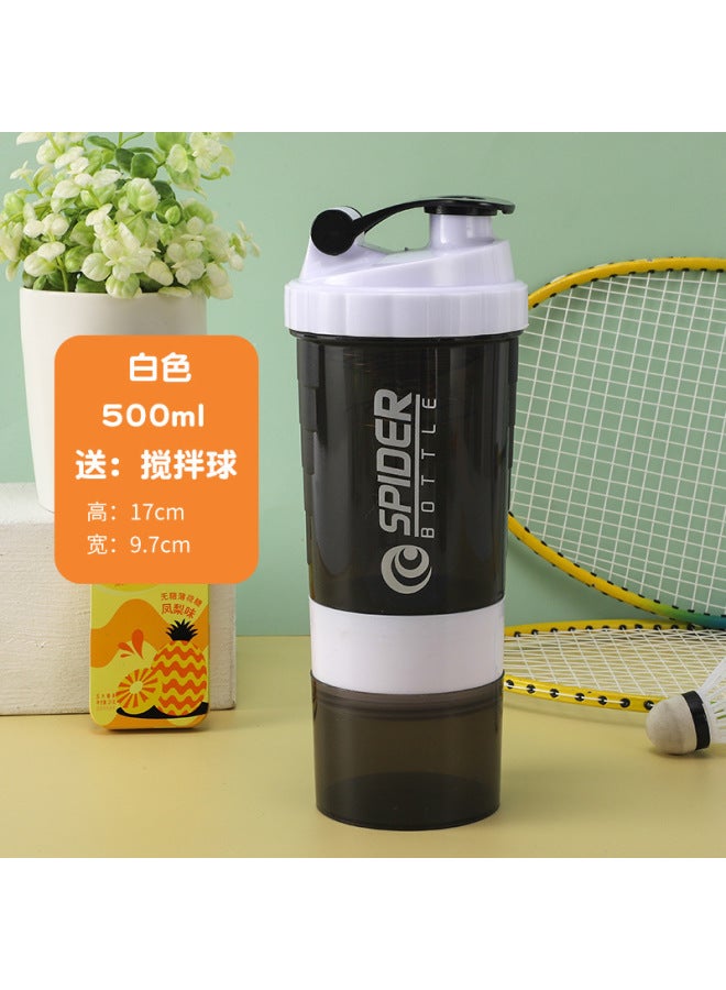 SPIDER BOTTLE White 500ml Three-layer Shaker Cup, Large-capacity Fitness Water Cup, Sports Water Bottle, Protein Powder Milkshake Shaker Cup, Plastic Cup - Image 1