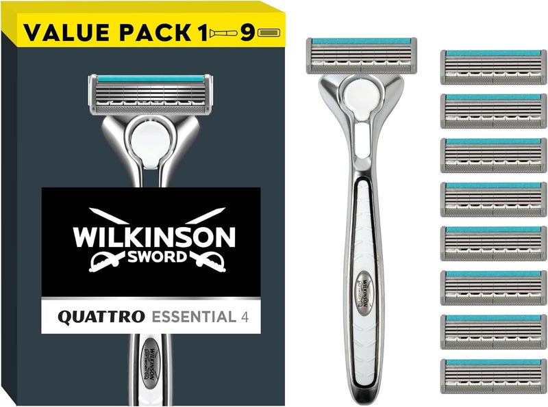 Wilkinson Sword Quattro Titanium Mens Razor for Sensitive Comfort Great Addition to Wash Bags for Mens Grooming Shavers for Sensitive Skin 1 Reusable Razor Handle and 9 Refill Blades Pack - Image 1