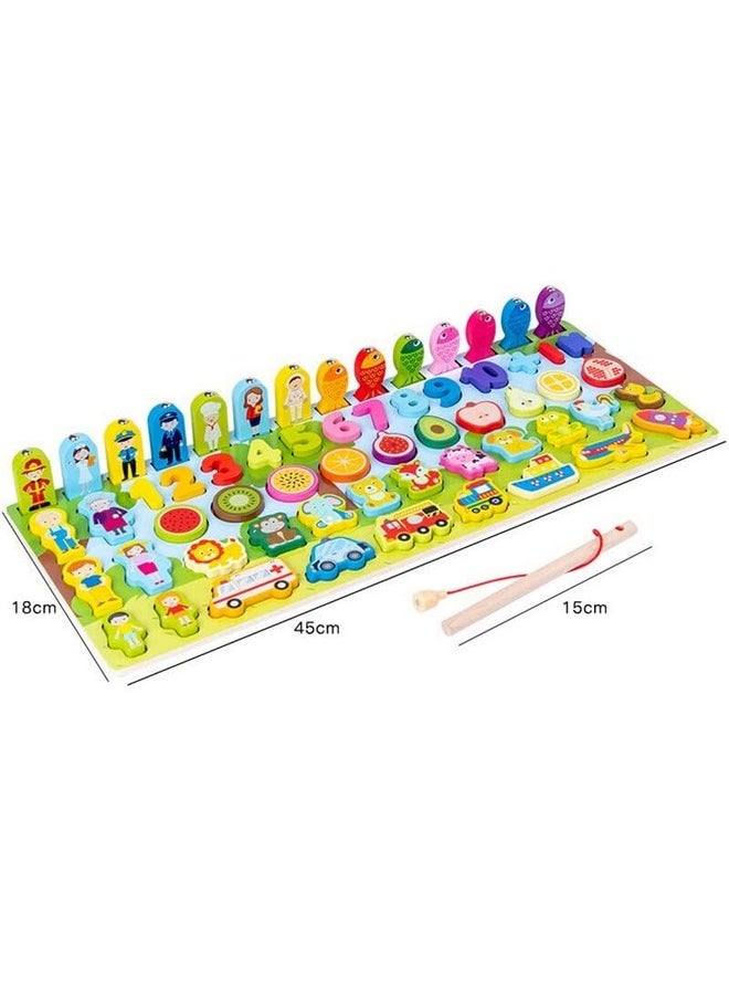 Smoneo - 7 In 1 Wooden Alphabet, Numbers, Shapes Sorting & Stacking, Fishing Game; Early Learning Montessori Puzzle Blocks Toy For 3+ Year Kids - Image 1