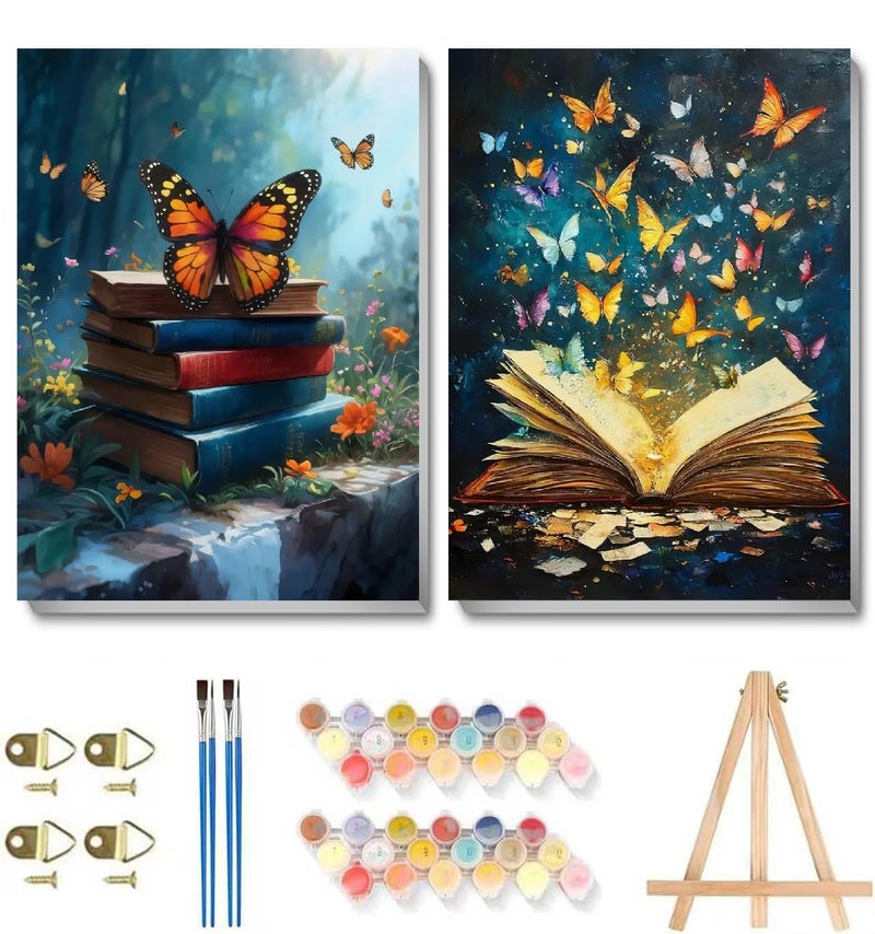 askkqtx 2 Pack Vintage Books Paint by Numbers Kit for Adults, Butterflies Paint by Numbers Kit for Adults with Frame, DIY Paint by Numbers Framed for Gift Home Wall Decor 8x12 Inch - Image 1