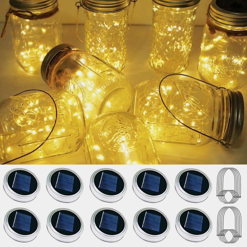 Solar Mason Jar Lid Lights 10 Pack 30 LED Waterproof Firefly Fairy Lights with HangersNo Jars Outdoor Starry String Lights for Patio Yard Garden Wedding Lantern Decor Warm White