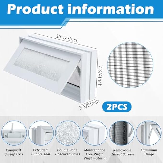 2 Pcs 16'' X 8'' Small Basement Windows White Vinyl Bathroom Window Shed Window Mobile Home Windows With Double Glazing Screen For Glass Block Cabins House Garage (Frosted Glass) - Image 3