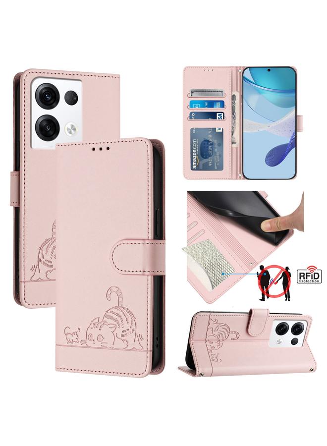 S-TOP Case For OPPO Reno8 Pro 5G Global Cat Rat Embossed Pattern RFID Leather Phone Case with Lanyard - Image 1
