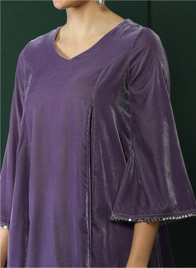 أيه كيه إس طقم تونيك وبنطلون من مزيج الحرير باللون اللافندر للنساء - Image 2