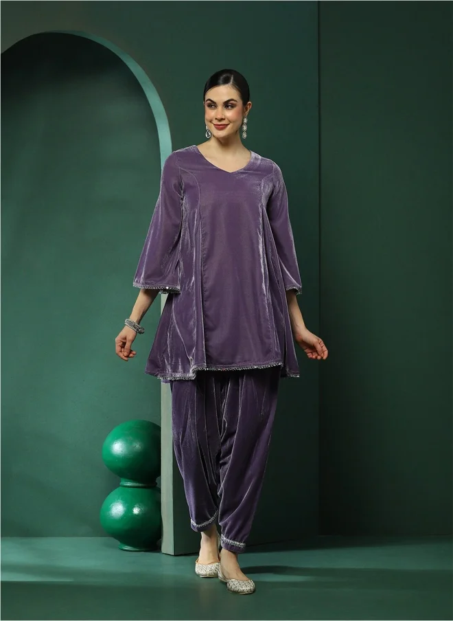 AKS Lavender Silk Blend Tunic and Trousers Set for Women