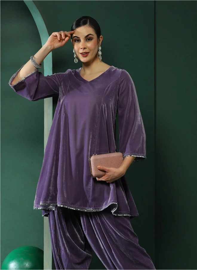 AKS Lavender Silk Blend Tunic and Trousers Set for Women