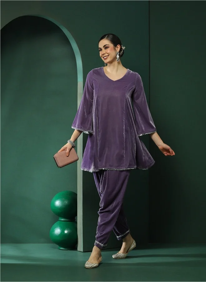AKS Lavender Silk Blend Tunic and Trousers Set for Women