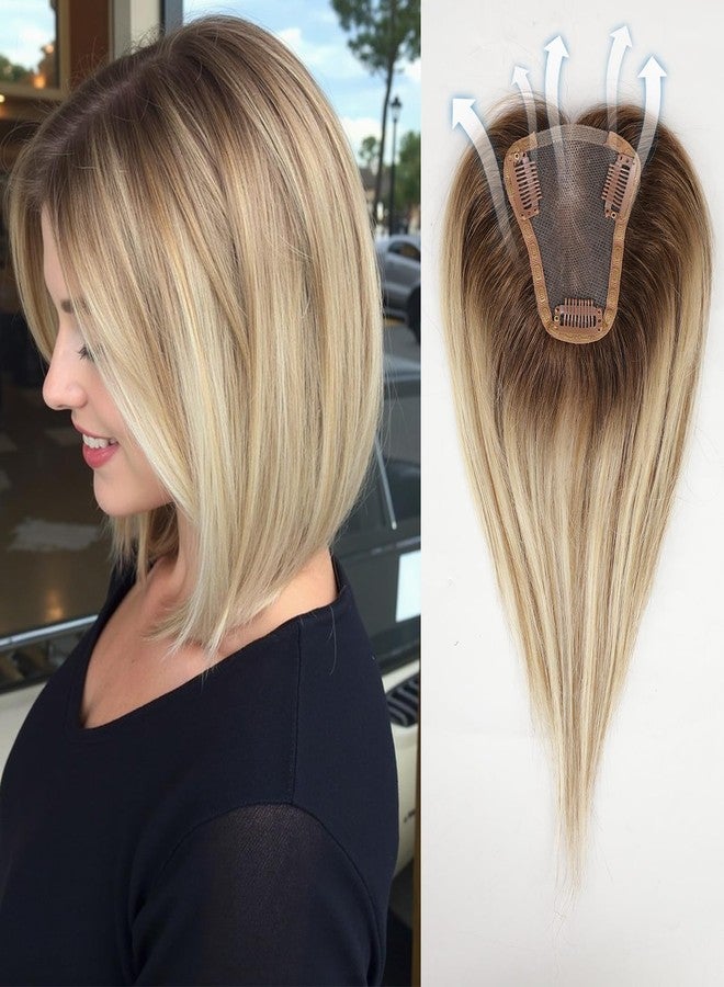 starluck Hair Toppers for Women Real Human Hair No Bangs 3.5"*4"Hand-Tied Swiss Lace Base 12in 100% Remy Human HairTopper for Women with ThinningHair(ombre Blonde mix Brown) - Image 1