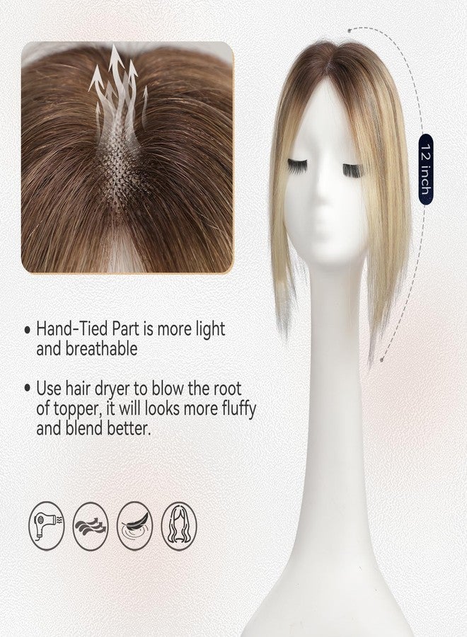 starluck Hair Toppers for Women Real Human Hair No Bangs 3.5"*4"Hand-Tied Swiss Lace Base 12in 100% Remy Human HairTopper for Women with ThinningHair(ombre Blonde mix Brown) - Image 3