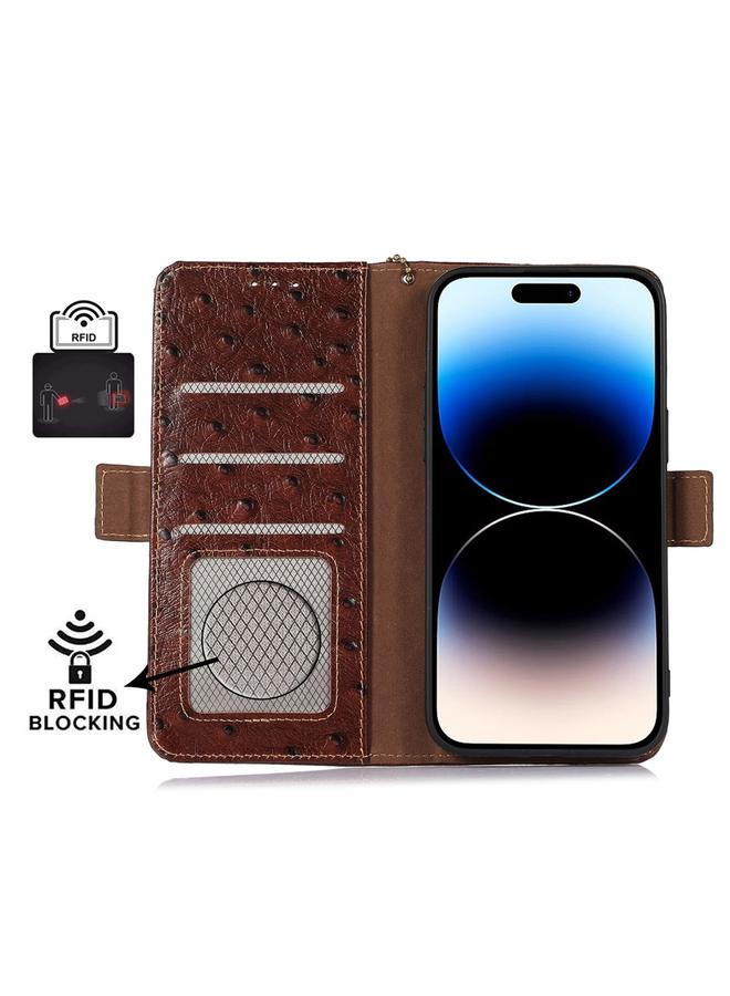 S-TOP Case For iPhone 14 Plus Ostrich Pattern Genuine Leather RFID Phone Case - Image 4
