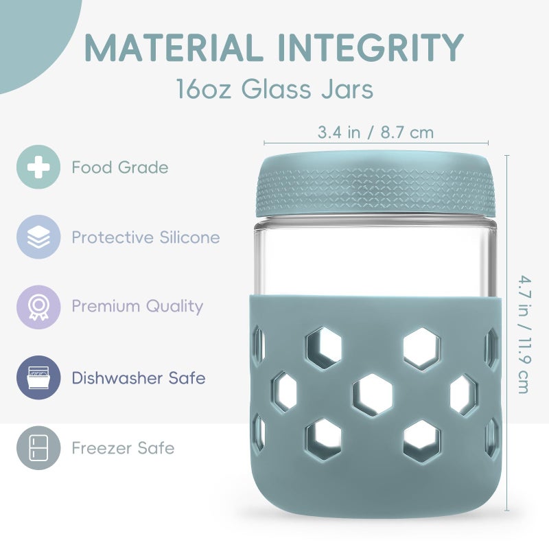 Gemice 6-Pack 16oz Glass Mason Jars with Silicone Sleeves, Airtight BPA-Free Overnight Oats Containers with Lids, Dishwasher Safe Leak-Proof Meal Prep Jars for Chia Pudding, Yogurt, Snacks - Image 3