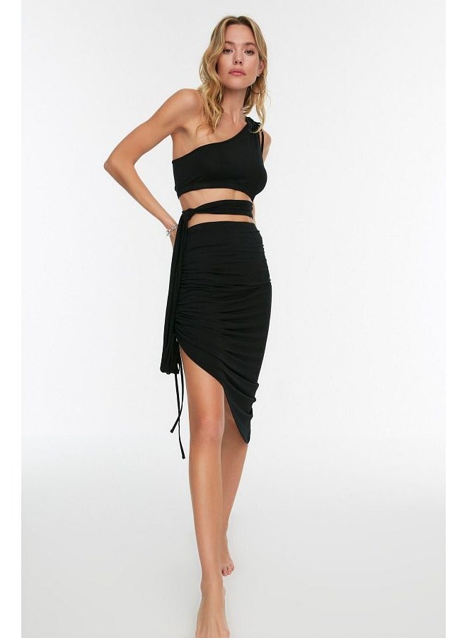 Knitted Cut Out/Window One-Shoulder Blouse Skirt Suit TBESS22AU0224
