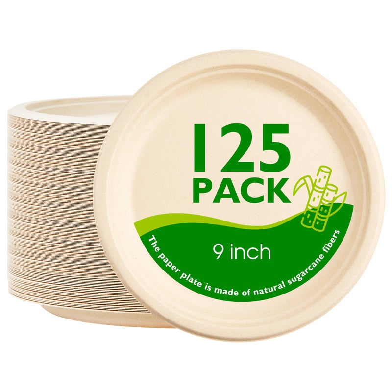 PACKINNO 9 Inch 125 Pack Compostable Paper Plates, Biodegradable Heavy Duty Disposable Plates, Round Unbleached Brown Plates Made from Natural Sugarcane Fibers, for Party, Camping, Picnic - Image 1
