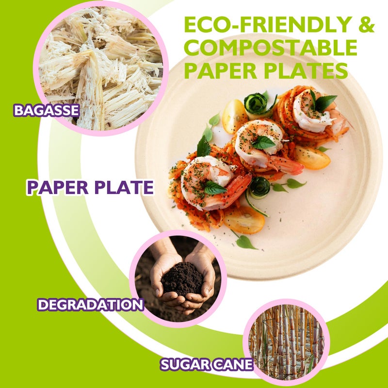 PACKINNO 9 Inch 125 Pack Compostable Paper Plates, Biodegradable Heavy Duty Disposable Plates, Round Unbleached Brown Plates Made from Natural Sugarcane Fibers, for Party, Camping, Picnic - Image 4