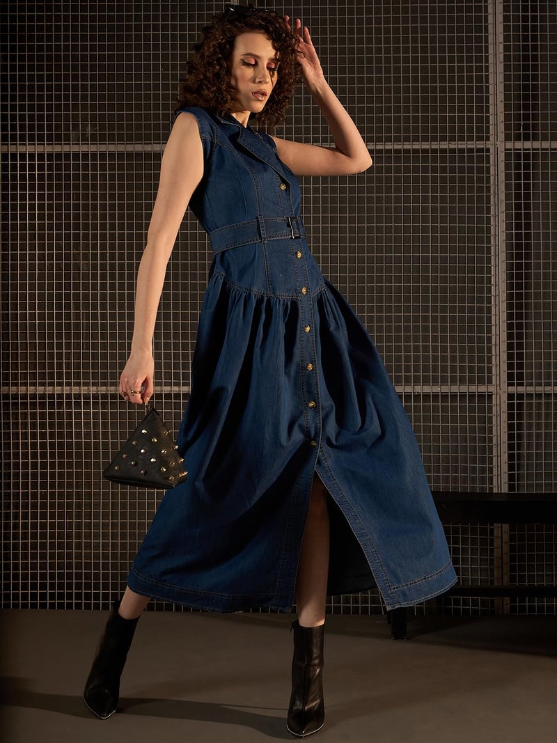 StyleStone Women's Denim Maxi Dress with Lapel and Belt (4221BluTroyMaxiXXL) - Image 4