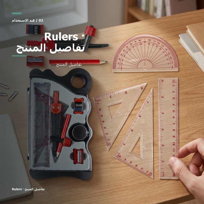 Geometry Ruler Set with Compass and Triangle Ruler for School Math Drawing and Measuring - Image 3