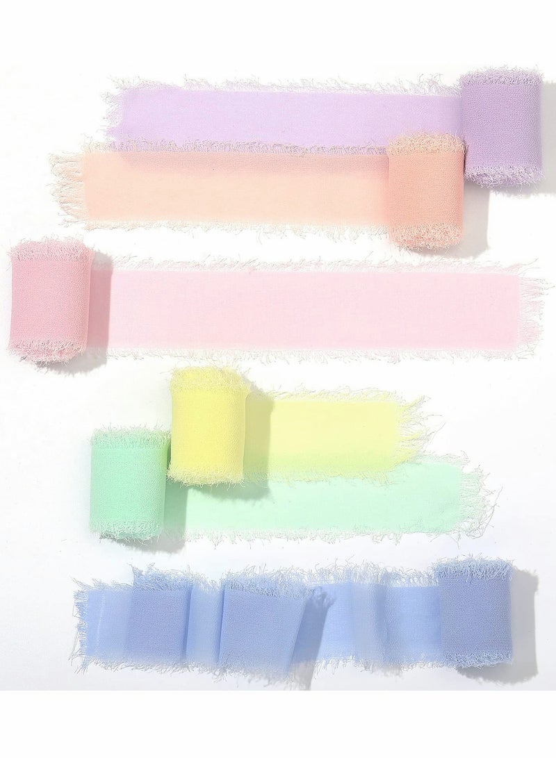 Excefore Handmade Fringe Chiffon Ribbon, 6 Rolls 3.8cm x 5 Yard(4.5m) Silk-Like Ribbon Colorful Rustic Set for Wedding Invitations, Bridal Bouquets, Gifts Wrapping, DIY Crafts(Macarons Color Set) - Image 1