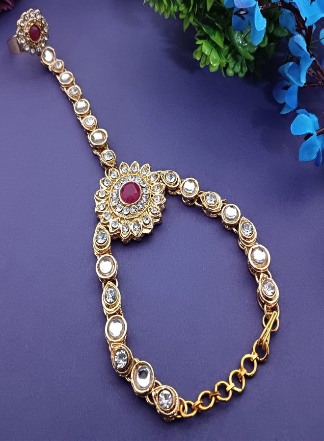Efulgenz Indian Bollywood Kundan Finger Ring Link Chain Wedding Bridal Bracelet Hand Harness Slave Bracelet Jewelry - Image 2