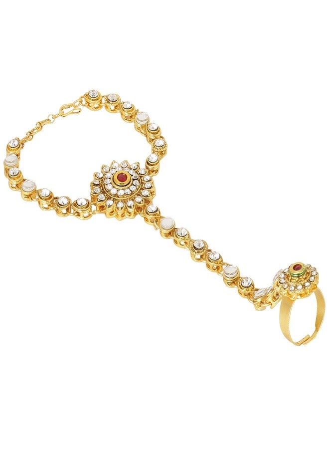 Efulgenz Indian Bollywood Kundan Finger Ring Link Chain Wedding Bridal Bracelet Hand Harness Slave Bracelet Jewelry - Image 1