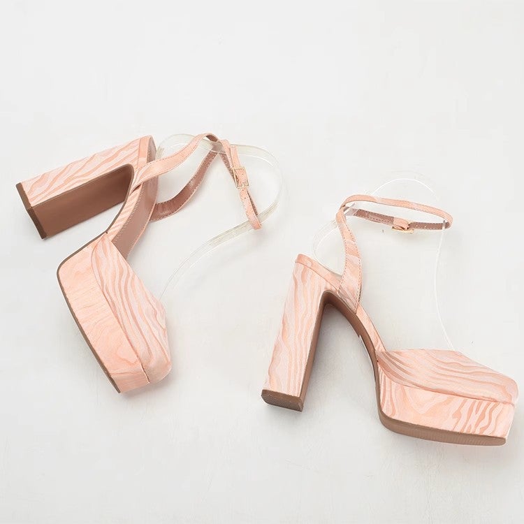 Champagne Fabric Square Toe High Heel Sandals with Block Heel - Image 4