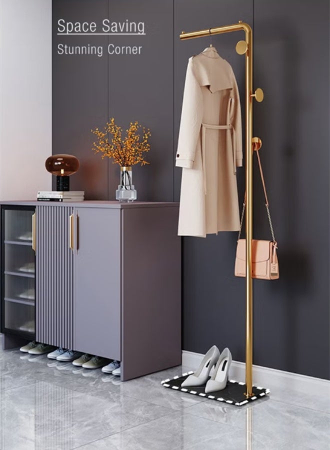 كوتيس حامل معاطف معدني من قطعة واحدة، رف ملابس، رف فردي للملابس، شماعات قائمة بذاتها لمدخل المنزل، للملابس، للمنزل، الفندق، أو للمحلات التجارية، باللون الذهبي/الأسود، بمقاس 45x28x170 سم - Image 3