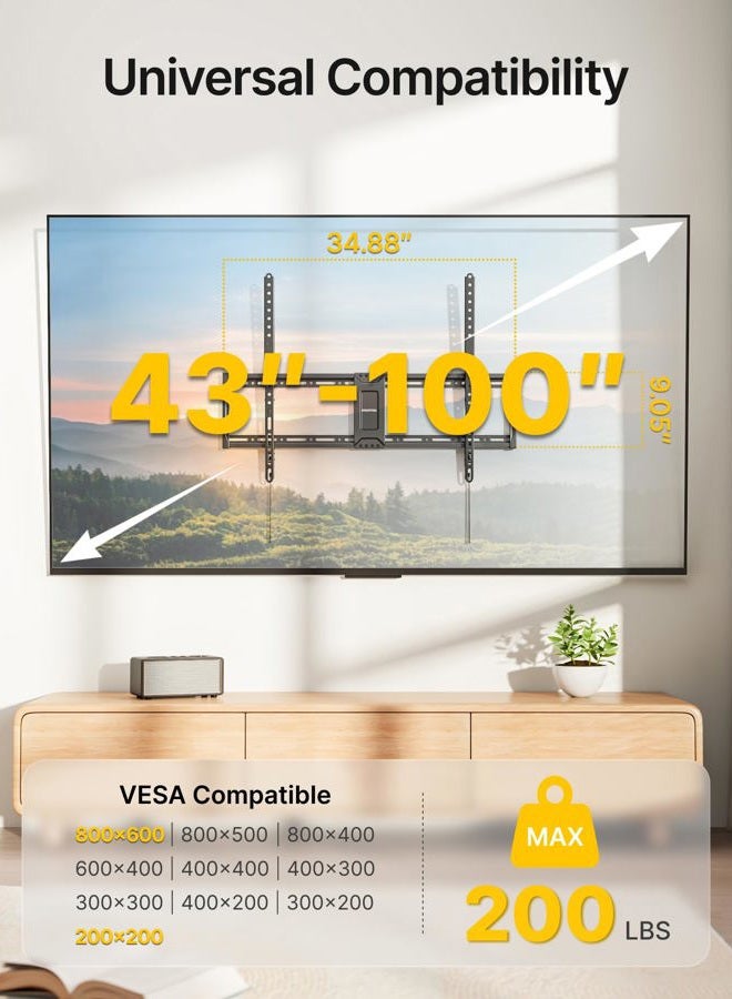 Montek Heavy Duty Tilt TV Wall Mount for 43–100" Large Flat & Curved TVs, Holds 200 lbs, Ultra Slim Low Profile Bracket with 8° Tilt, Fits 16"/18"/24" Wood Studs, Max VESA 800x600, 4× Load Tested - Image 2